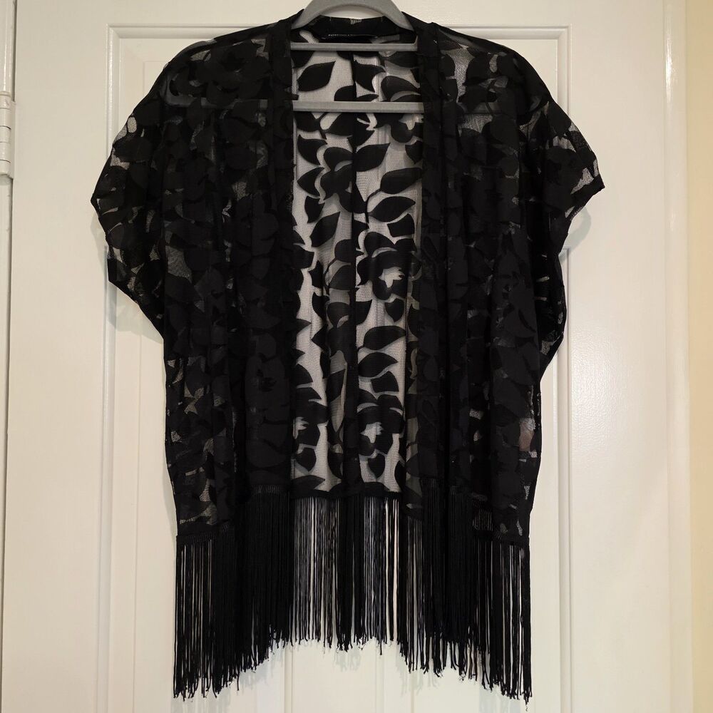 Foreign Exchange S Black Lace Short Sleeve Shawl Kimono Cardigan Fringe Boho